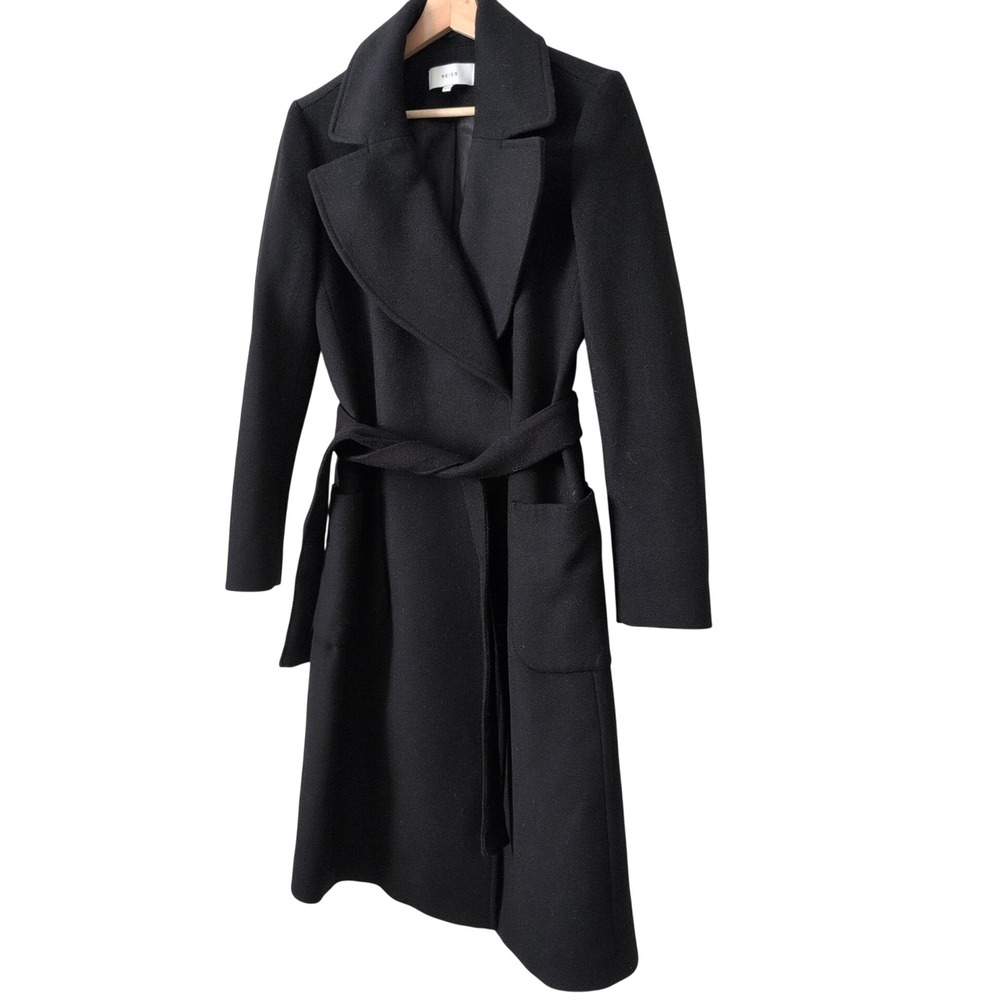 Reiss Black 100% Wool Wrap Coat Belt Long Trench Jacket Womens US 4 UK 8 Luxury - Picture 3 of 12